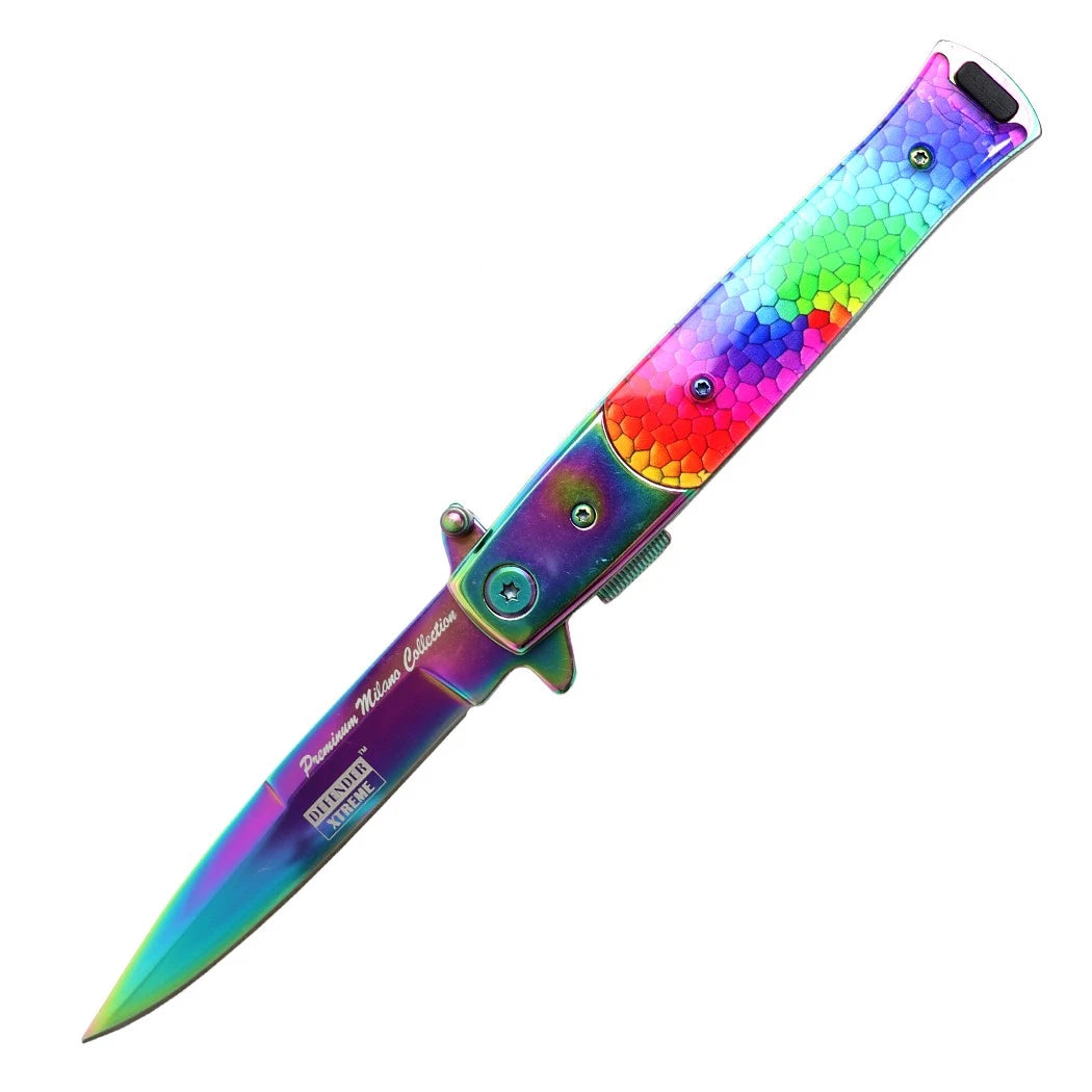 Defender-Xtreme 9"Spring Assisted Folding Knife 3D Printed Acrylic Rainbow Bol